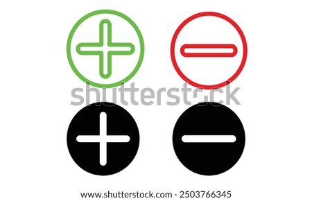 Round plus and minus icons set with different thicknesses. Vector.