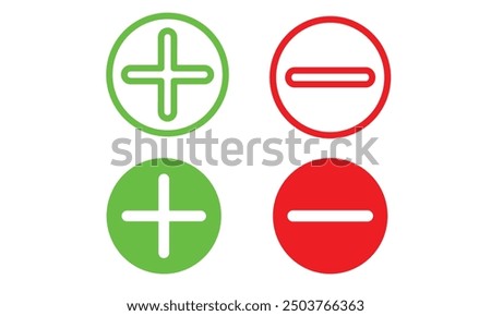 Round plus and minus icons set with different thicknesses. Vector.