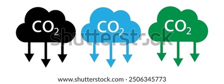 CO2 emission flat vector icons set. Cloud co2 symbol with down arrow vector outline icon set. Reduce carbon dioxide sign concept illustration.