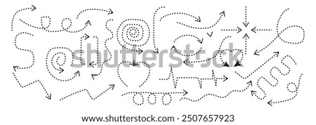 Zigzag arrow stripes design with dotted lines on grid lines. Hand drawn dotted arrow set vector design isolated on white background.