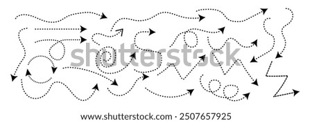 Zigzag arrow stripes design with dotted lines on grid lines. Hand drawn dotted arrow set vector design isolated on white background.