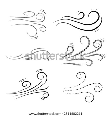 Hand drawn wind air flow icon. Free breath symbol. Fresh air flow sign. Doodle wind blow icons. Weather symbol. Climate design element. Vector illustration isolated on white background.