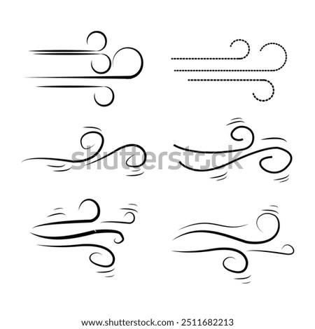 Hand drawn wind air flow icon. Free breath symbol. Fresh air flow sign. Doodle wind blow icons. Weather symbol. Climate design element. Vector illustration isolated on white background.