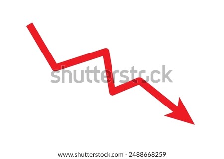 Red arrow down icon. Indication decline arrow sign. Financial decrease statistic graphic symbol. Financial losses chart. Vector illustration