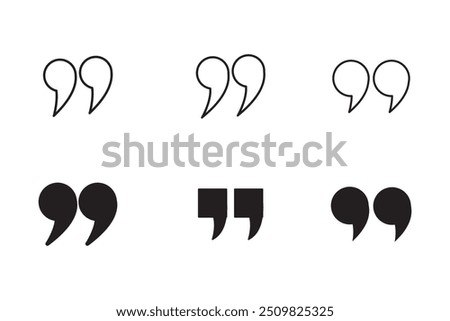 Vector black quote icon set. Quote Icon Object. Quote marks outline, speech marks, inverted commas or talking marks collection.