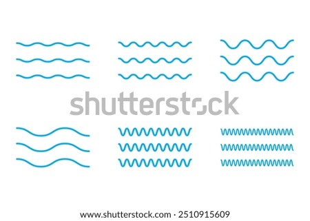 Sea wave icon set. Set of thin line waves. Various wave water lake river. Water logo, line ocean symbol in vector flat style. Seamless abstract line pattern. Water outline symbol. Sea and Ocean signs