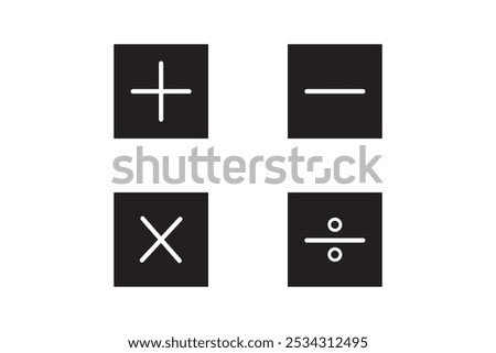 Basic mathematical icon, basic mathematical symbol. Set of mathematical symbols: plus, minus, multiplication, division, equals. Isolated vector illustration on a white background.