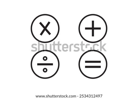 Basic mathematical icon, basic mathematical symbol. Set of mathematical symbols: plus, minus, multiplication, division, equals. Isolated vector illustration on a white background.