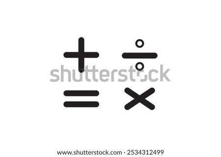 Basic mathematical icon, basic mathematical symbol. Set of mathematical symbols: plus, minus, multiplication, division, equals. Isolated vector illustration on a white background.