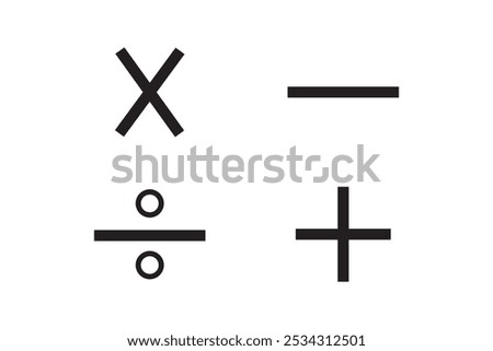 Basic mathematical icon, basic mathematical symbol. Set of mathematical symbols: plus, minus, multiplication, division, equals. Isolated vector illustration on a white background.