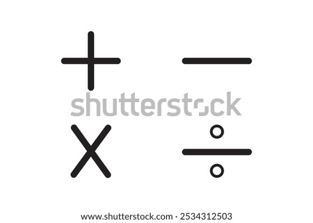 Basic mathematical icon, basic mathematical symbol. Set of mathematical symbols: plus, minus, multiplication, division, equals. Isolated vector illustration on a white background.