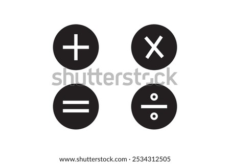 Basic mathematical icon, basic mathematical symbol. Set of mathematical symbols: plus, minus, multiplication, division, equals. Isolated vector illustration on a white background.