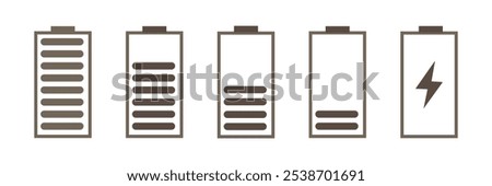 Battery icon set. Battery charging level sign. Charge capacity levels percentage illustration. Vector simple design. Green, red, yellow colors