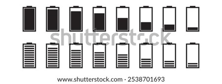 Battery icon set. Battery charging level sign. Charge capacity levels percentage illustration. Vector simple design. Green, red, yellow colors