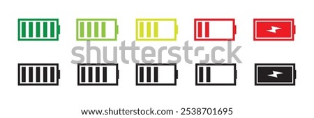 Battery icon set. Battery charging level sign. Charge capacity levels percentage illustration. Vector simple design. Green, red, yellow colors