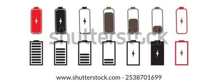 Battery icon set. Battery charging level sign. Charge capacity levels percentage illustration. Vector simple design. Green, red, yellow colors