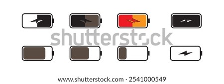  Battery icon set. Battery charge charging indicator icons. Battery energy level symbols. Flat style - stock vector.