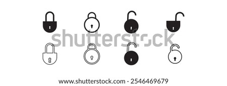 Lock and unlock icon privacy symbol set in black and white color in simple style. Set of close and open locks. Lock icon collection. Locked and unlocked black icon.