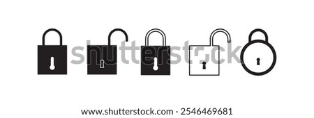 Lock and unlock icon privacy symbol set in black and white color in simple style. Set of close and open locks. Lock icon collection. Locked and unlocked black icon.