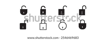 Lock and unlock icon privacy symbol set in black and white color in simple style. Set of close and open locks. Lock icon collection. Locked and unlocked black icon.