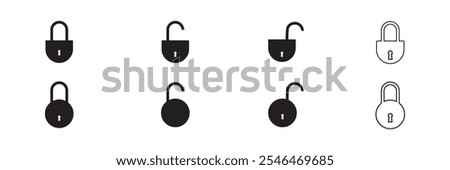 Lock and unlock icon privacy symbol set in black and white color in simple style. Set of close and open locks. Lock icon collection. Locked and unlocked black icon.