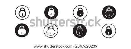 Lock icon set. Locked and unlocked vector icon set. Locked and unlocked padlock symbol of device security. Privacy symbol vector stock illustration. Round and square shape padlock.