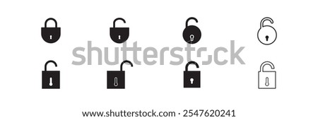 Lock icon set. Locked and unlocked vector icon set. Locked and unlocked padlock symbol of device security. Privacy symbol vector stock illustration. Round and square shape padlock.