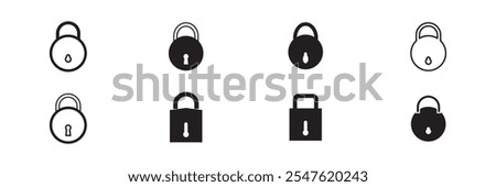 Lock icon set. Locked and unlocked vector icon set. Locked and unlocked padlock symbol of device security. Privacy symbol vector stock illustration. Round and square shape padlock.