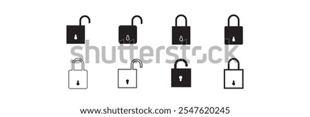 Lock icon set. Locked and unlocked vector icon set. Locked and unlocked padlock symbol of device security. Privacy symbol vector stock illustration. Round and square shape padlock.