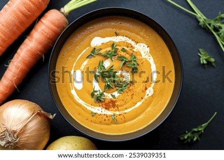 Similar – Image, Stock Photo Pumpkin creamy soup served on green leaf