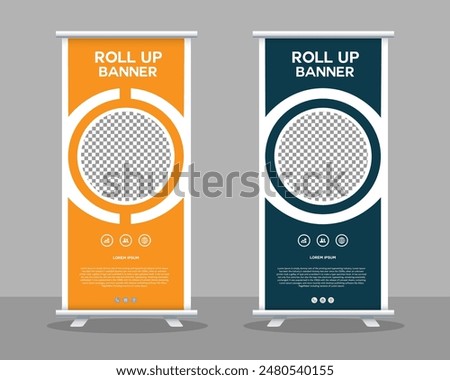 Modern Business Roll-Up Banner Template. Eye-catching layout with abstract shapes.