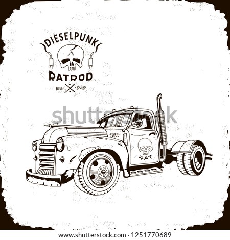 diesel punk hot rod truck, isolated, black logo, monogram vector arts, t-short sticker, kustom kulture, post apocalypse car, zombie war truck