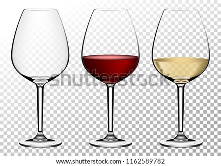 Set transparent vector wine glasses empty, with white and red wine. Vector illustration in photorealistic style.