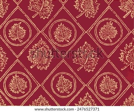 A red background with a pattern of leaves, some enclosed in circles, creating a three-dimensional effect.