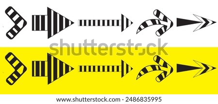  Arrows set icon. Zebra crossing line arrow. Arrow vector collection in black color and stroke line empty fill. Vector illustration. Modern and simple arrows.