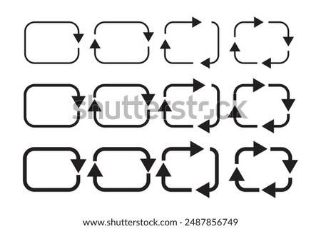 Recycle circle arrows icon set. different circular arrows of black color, different thickness in white background. rectangle shape. Vector illustration. Stock image.