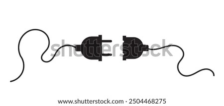 Electric socket with a plug in black color.  Electric plug and outlet socket unplugged. Connection and disconnection concept with wire, cable. Vector on isolated white background. 