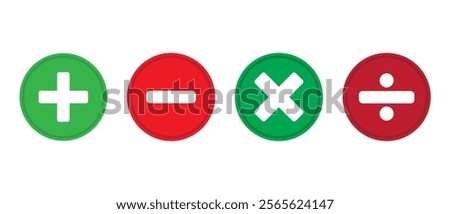 Vector icons with mathematical signs. Plus minus multiply and divide sign isolate in circle on white background. Set of mathematical symbols. Vector illustration 
