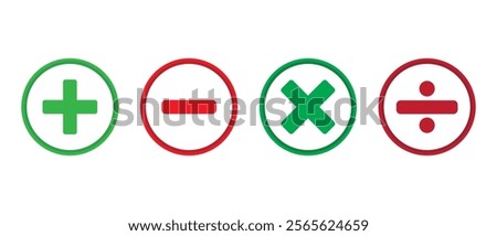 Plus minus multiply and divide sign isolate in circle on white background. Vector icons with mathematical signs.  Set of mathematical symbols. Vector illustration. 

