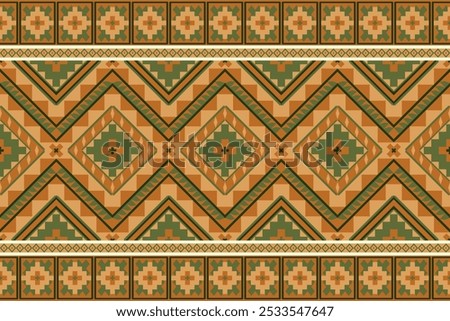 A patterned design with a brown and green color scheme. The design is made up of squares and triangles Design for background ,curtain, carpet, wallpaper,clothing, wrapping, Batik, vector illustration