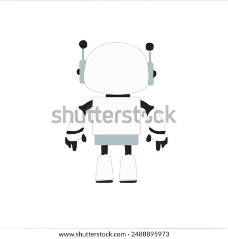 Cute white cartoon robot with a big square head facing backwards isolated on transparent white background