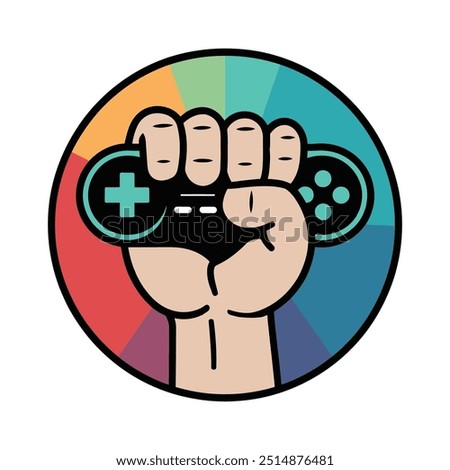 Gaming Controller in Fist Icon Illustration on Colorful Round Background