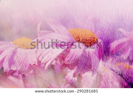 Painting. Oil texture. Flower background. Daisy lilac background. Windy weather