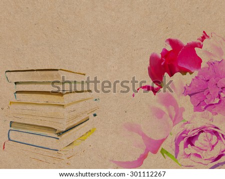 Grange texture. Pink Flowers and books