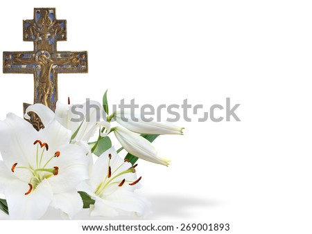 cross and white lily on white background
