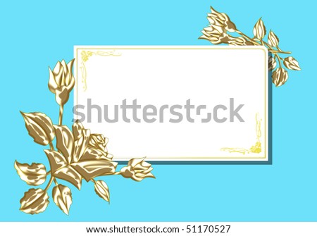 gold roses with postcard with gold frame on blue background