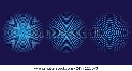 Blue concentric ripple circles set. Sonar or sound wave rings collection. Target, radar icon concept. Radial signal or vibration elements.