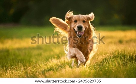 Similar – Foto Bild Bezaubernder Golden Retriever Hund im gelben Feld bei Sonnenuntergang. Wunderschönes Porträt eines jungen Hundes. Haustiere im Freien und Lebensstil