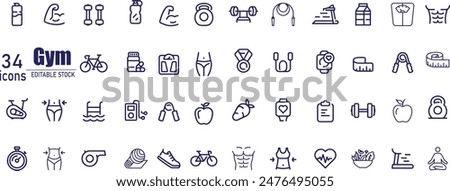 Gym equipment and fitness icon set.