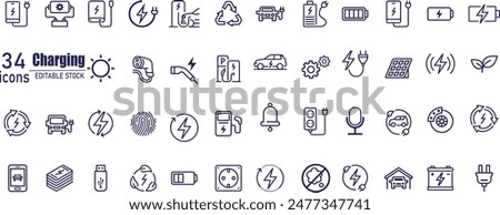 Charging icon set. Containing charge, battery, energy, electricity,